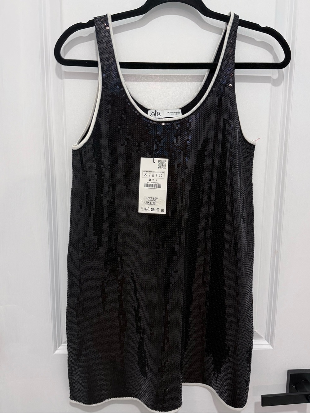 Zara NWT Black Sequin Mini Dress with White Trim